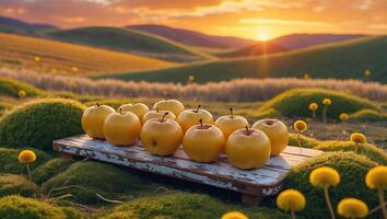 Golden Apples Displayed on Wooden Board in a Field at Sunset photo