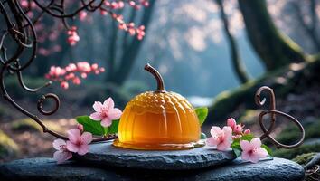 Jelly Dessert Resembling Pumpkin with Blossoms in Nature Setting photo