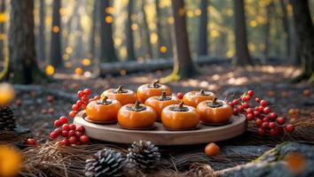 Arrangement of Persimmon Fruit with Berries in Forest Autumn Setting photo