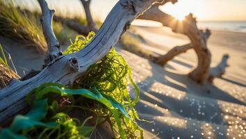 Driftwood and Seaweed on Sandy Beach During Sunset Serenity photo