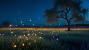Night Meadow with Tree and Fireflies Glowing Under Dark Blue Sky photo