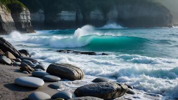 Ocean Wave Crashing on Rocky Shoreline with Coastal Cliffs Scenery photo