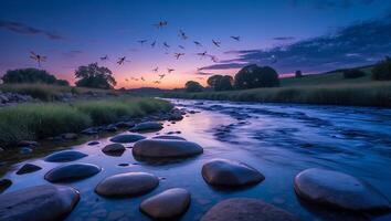 Dragonflies Flying Over River at Dusk with Rocks and Grass photo