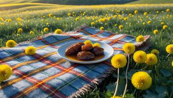 Enjoying Sweet Dates on Picnic Blanket in a Dandelion Meadow photo