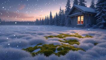 Winter Cabin in Snowy Landscape with Pine Trees and Falling Snow photo