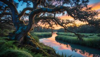 Scenic River Landscape with Mossy Tree at Sunset Reflection photo