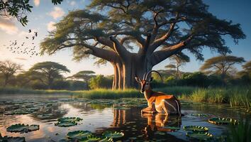 Antelope Resting in Pond Near Baobab Tree at Sunrise in Savannah photo
