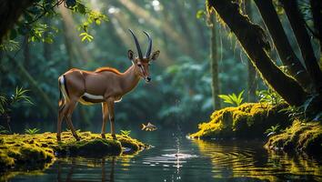 Antelope Standing Near Water with Fish Jumping in Forest Light photo