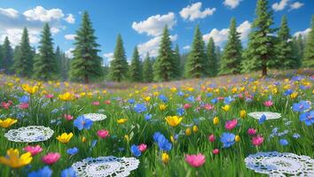 Wildflower Meadow with Evergreen Trees and Blue Sky Landscape photo
