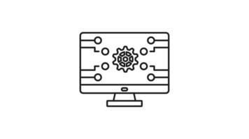 Pc monitor line animation. Pc monitor icon with gear and circuit connections, ideal for tech repair websites, electronic repair services, or computer software concepts. Animated outline icon video