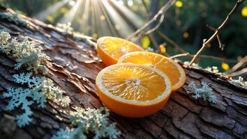 Cut Orange Fruit on Log with Sunlight Forest Background Close-up photo
