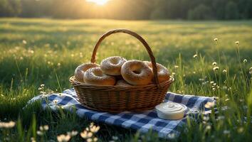 Bagels in Basket on Gingham Blanket in Sunny Meadow Picnic photo