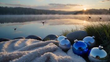 Dragonflies Over Still Lake at Sunrise with Blanket and Ornaments photo