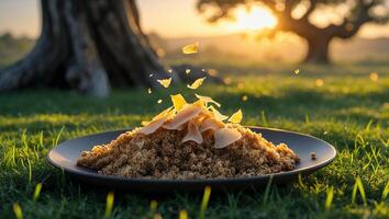 Dish with Quinoa Topped with Chips on Plate in Grassy Field photo