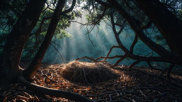 Sunlight Streaming Through Forest Trees Illuminating Large Nest on Ground photo