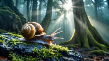 Snail Crawling on Mossy Rock in Forest with Sun Rays photo