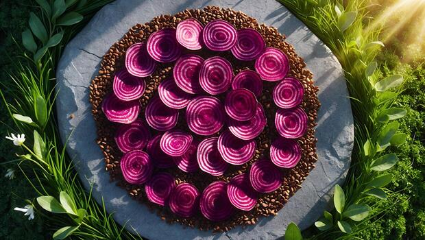 Beetroot Slices Arranged on Stone Slab with Natural Greenery photo