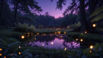 Glowing Lights Reflecting in Forest Pond at Twilight Creating Magical Scene photo
