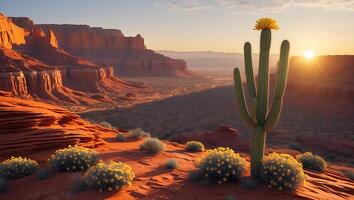 Desert Cactus Blooming at Sunrise with Red Rock Formation Background photo