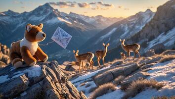 Teddy Bear Delivering Letter in Snowy Mountains with Deer at Sunset photo