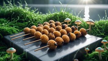 Golden Fried Balls on Sticks Displayed on Marble Slab with Moss photo