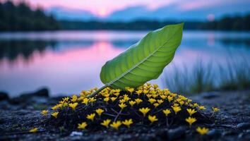 Large Leaf and Small Yellow Flowers by Lake at Sunset photo