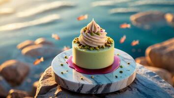 Delicious Dessert Cake with Pistachio Nuts by the Seaside Rocks photo