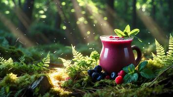 Berry Smoothie in Forest Clearing with Morning Sunlight and Fresh Berries photo