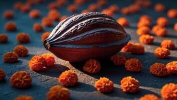 Cacao Bean with Orange Flowers on Concrete Ground in Sunlight photo