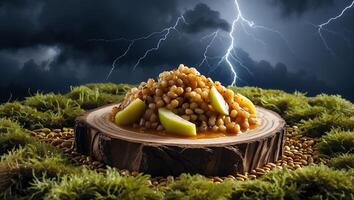 Grain Salad with Apple Wedges Served on Wood Against Stormy Sky photo
