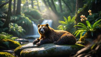 Bear Resting Near Waterfall in Forest with Sunlight Streaming Through photo