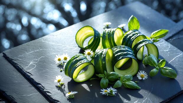 Cucumber Rolls with Basil and Daisy Flowers on Dark Surface photo