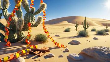 Cactus in Desert Landscape with Colorful Streamer and Wood Bundles photo
