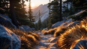 Hiking Trail Through Forest at Sunrise with Mountain View photo