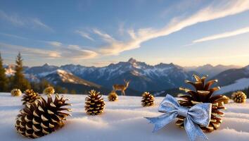 Pine Cones with Silver Bow in Snow Mountain Landscape Scenery photo