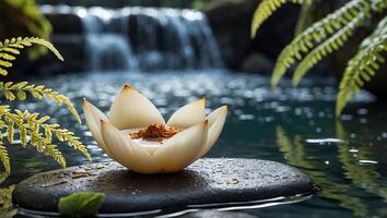 Floating Lotus Flower on Stone in Tranquil Waterfall Setting photo