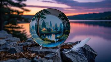 Decorative Plate Featuring Camping Scene with Lake View at Sunset photo