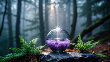 Glass Sphere with Purple Liquid in Forest Setting with Ferns photo