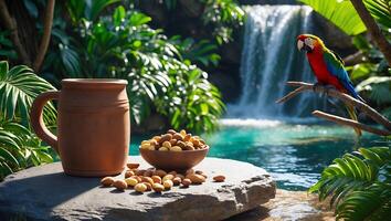 Refreshing Drink and Nuts with Macaw Bird Near Tropical Waterfall photo