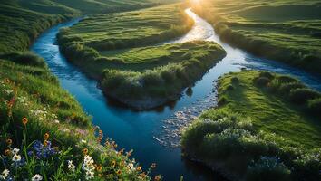 River Flowing Through Green Meadow at Sunrise with Wildflowers Blooming photo