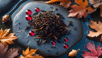 Arranging Loose Leaf Tea with Autumn Leaves and Red Gems photo