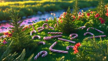 Candy Canes and Small Pine Trees Laying on a Grassy Hillside photo