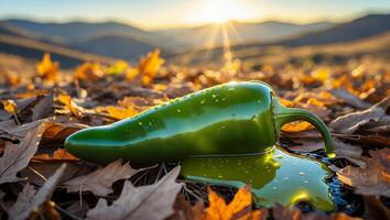 Fresh Green Pepper in Nature with Water Droplets at Sunset photo