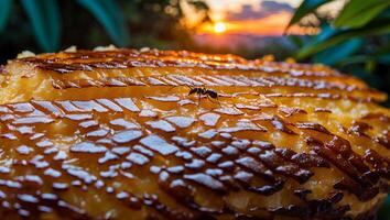 Ant Walking on Golden Textured Surface Against a Warm Sunset photo