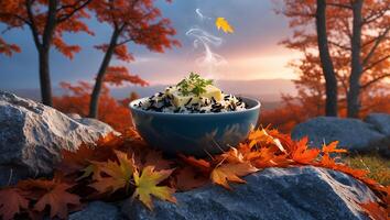 Wild Rice Dish with Butter and Herbs Outdoors in Autumn photo