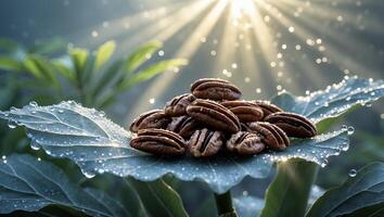 Pile of Pecans on Dewy Leaf with Bright Sunlight Backdrop photo
