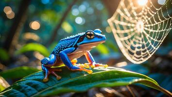 Small Blue Frog Resting on Green Leaf Near Spider Web photo