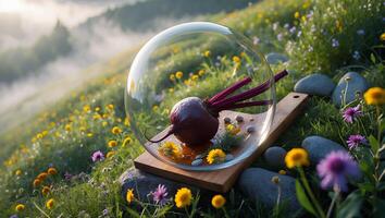 Beetroot in a Glass Globe on a Meadow Cutting Board photo