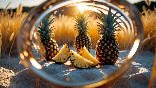 Pineapples on Sand with Sunburst Through Circle Creates Tropical Vibe photo