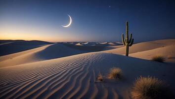 Desert Landscape with Crescent Moon Over Sand Dunes at Night photo